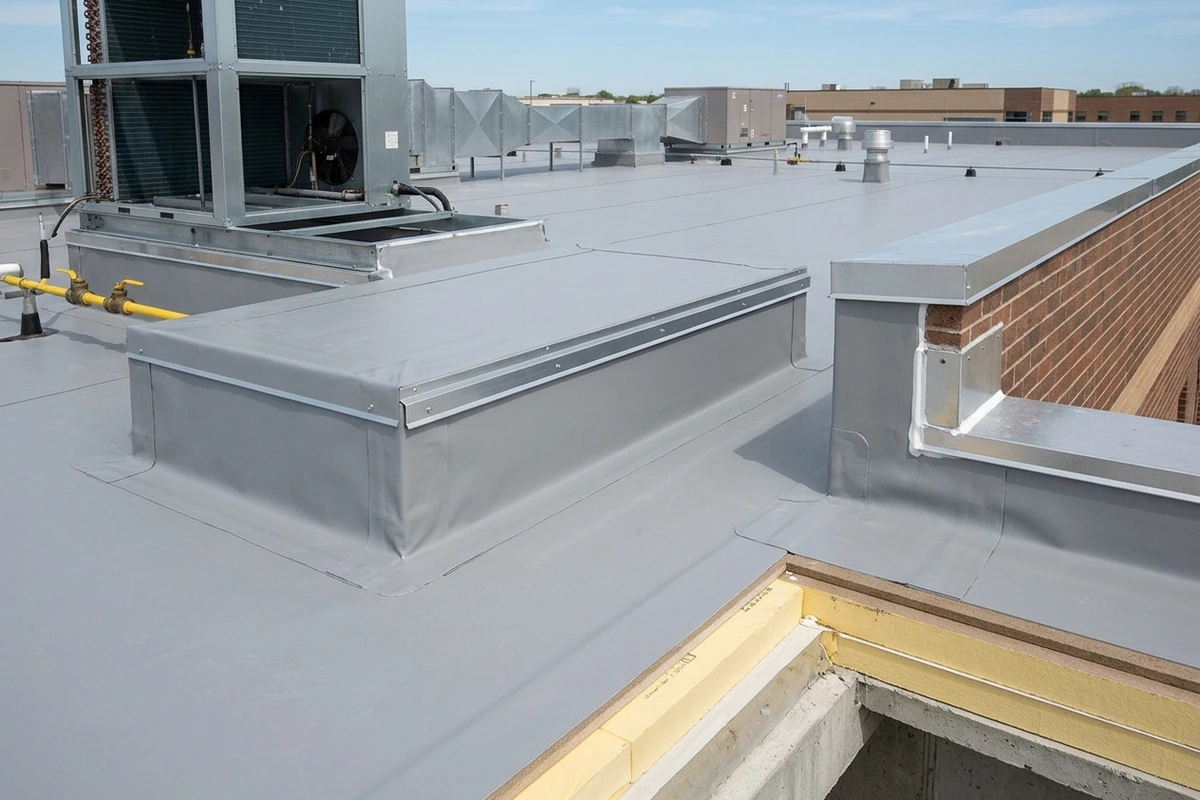 Multi-tier commercial HVAC curb flashings and parapet wall detail on a Milwaukee roof